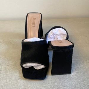 Schutz Black Pony Hair Open Toe Mules, Sz10